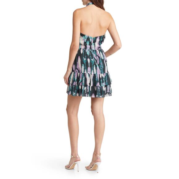 NWOT Chelsea 28 Halter Mini dress in Green Purple Blurry Ikat - Picture 2 of 13